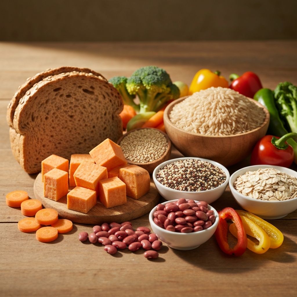 Healthy carbohydrate sources: brown rice, oats, sweet potato, quinoa, legumes