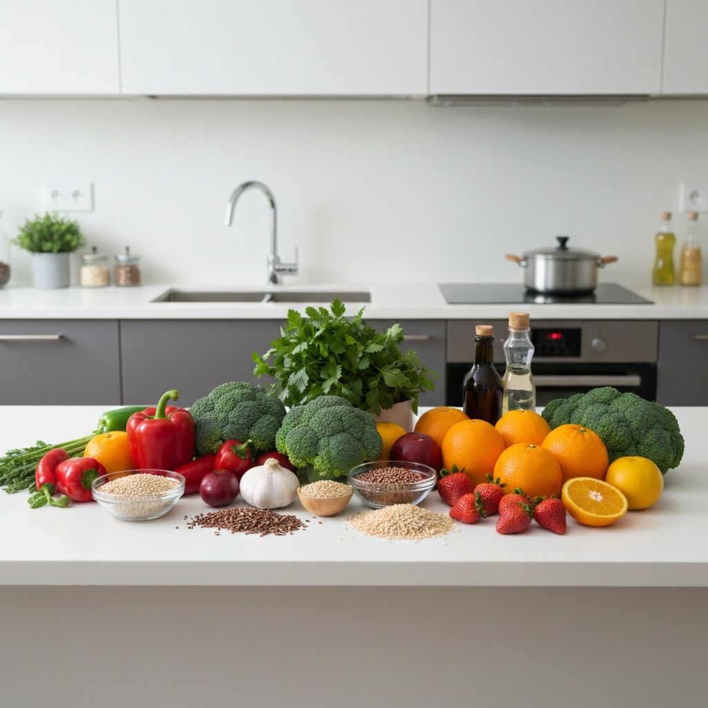 Healthy kitchen with fresh vegetables and ingredients