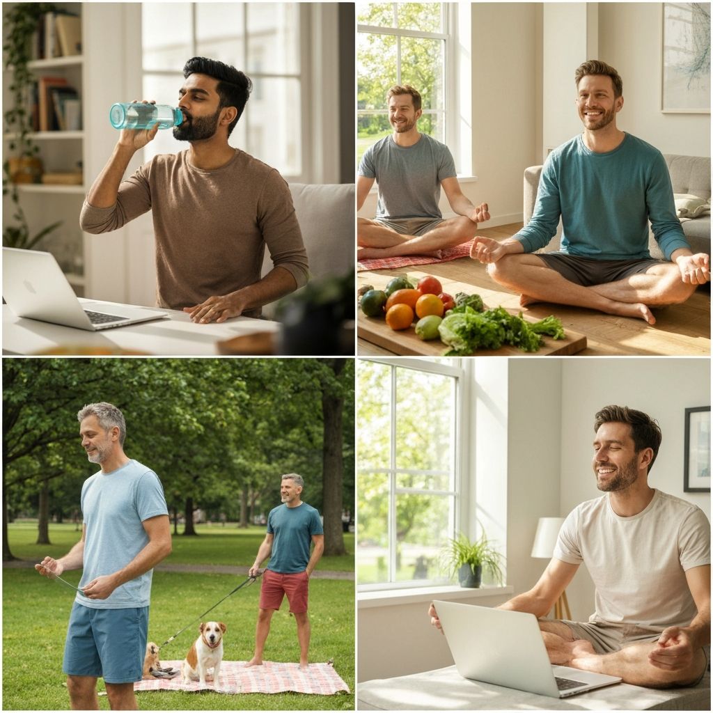 Men in everyday settings with healthy living elements and natural surroundings