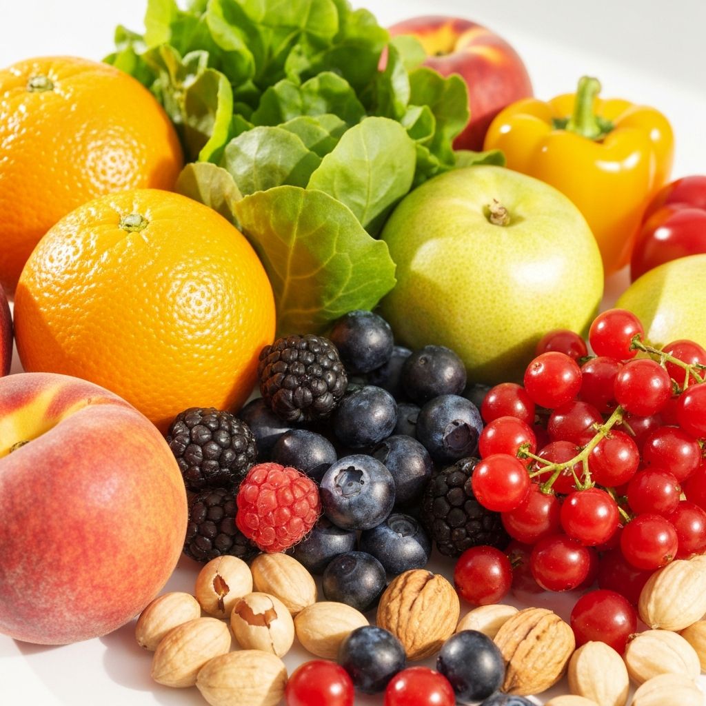 Colorful fresh fruits and vegetables rich in vitamins